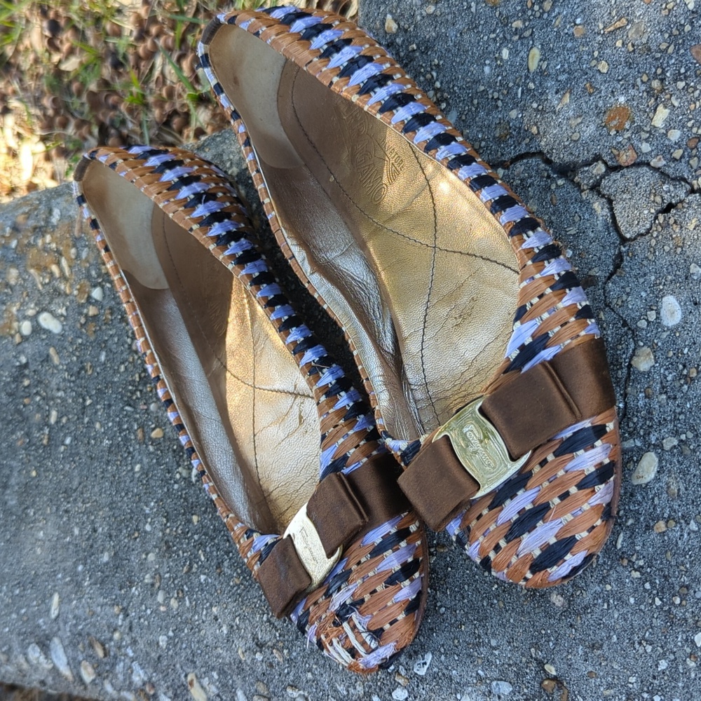 Salvatore Ferragamo Straw Woven Bow Tie Flats